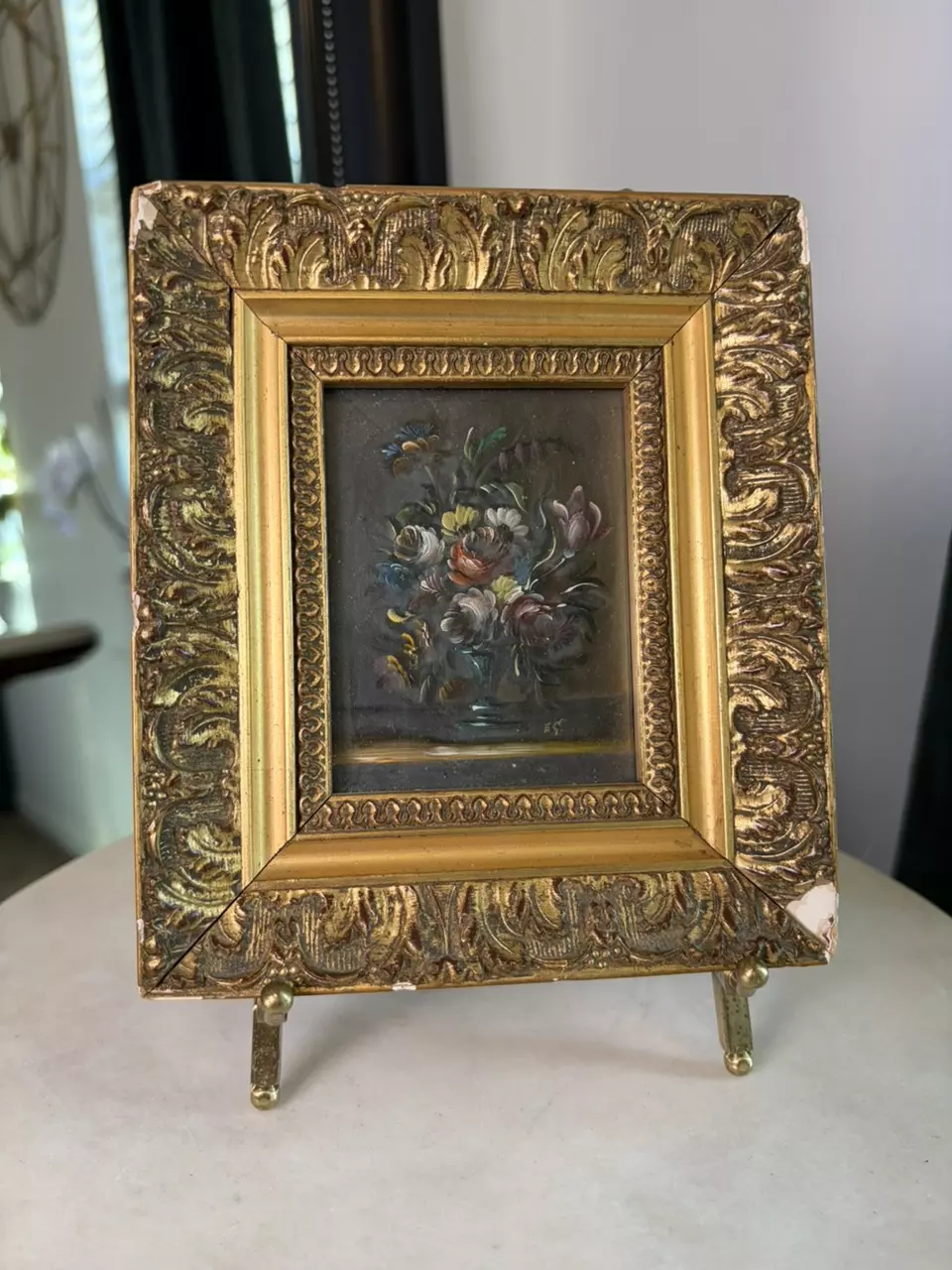 Mid-20th Century Floral Still Life Oil Painting on Board in Ornate Gilt Frame thumbnail