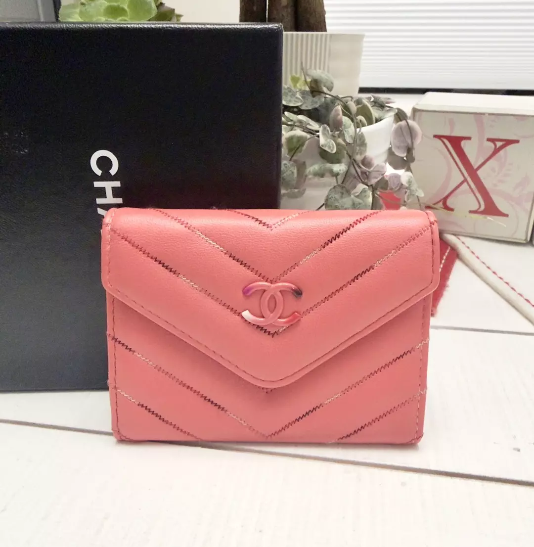 Pink CHANEL Compact Leather Wallet Card Holder thumbnail