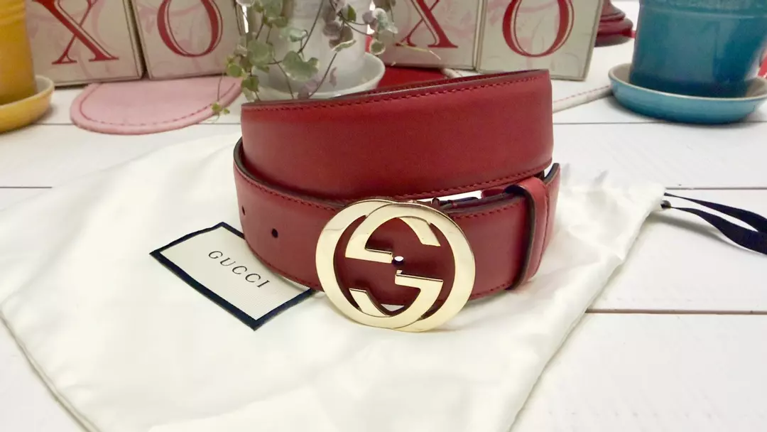 Gucci GG Interlocking Red Leather Belt Light Gold Buckle thumbnail