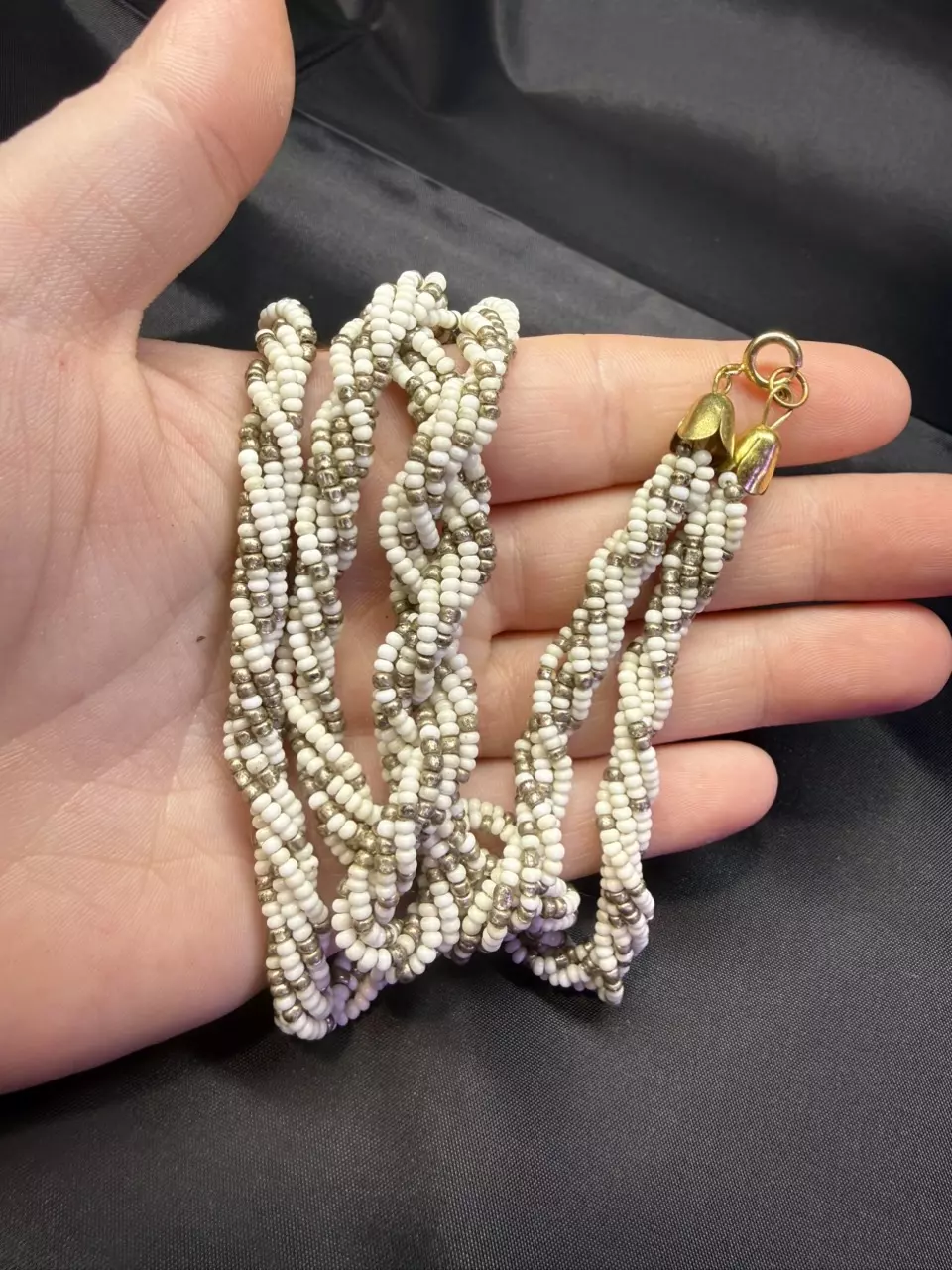 Vintage white and gold seed bead twisted necklace with c clasp thumbnail