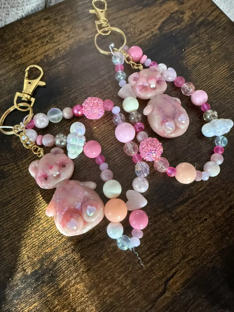 Handmade Polymer Clay beaded Pink Translucent Teddy Keychain Bag charm thumbnail