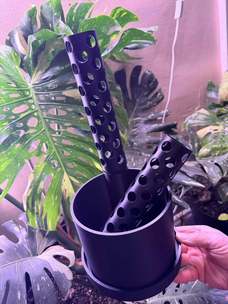 plant/Custom Pot with 2 moss poles, base, slow drip for pole (color options available)-0