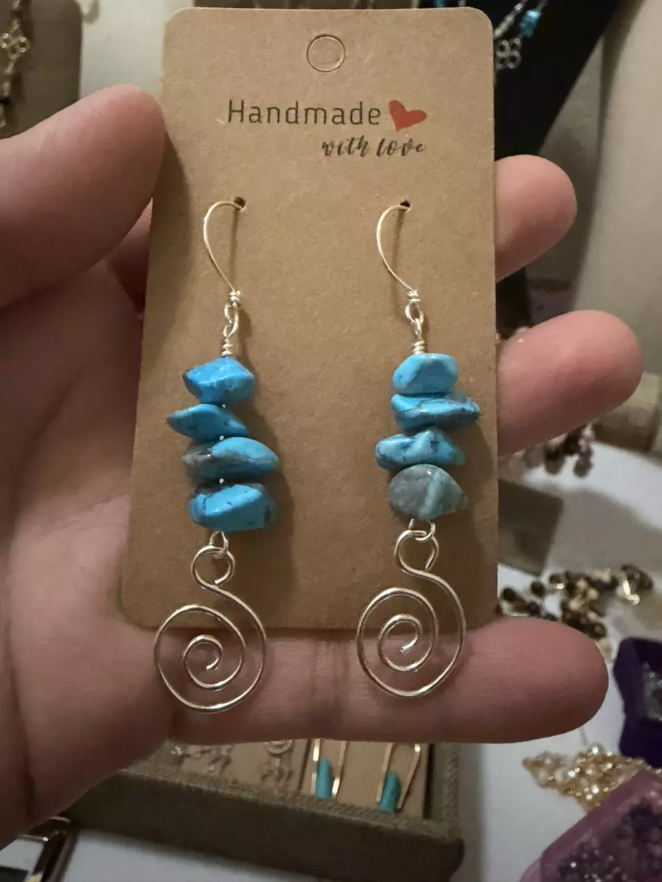 Turquoise howlite chip spiral earrings thumbnail
