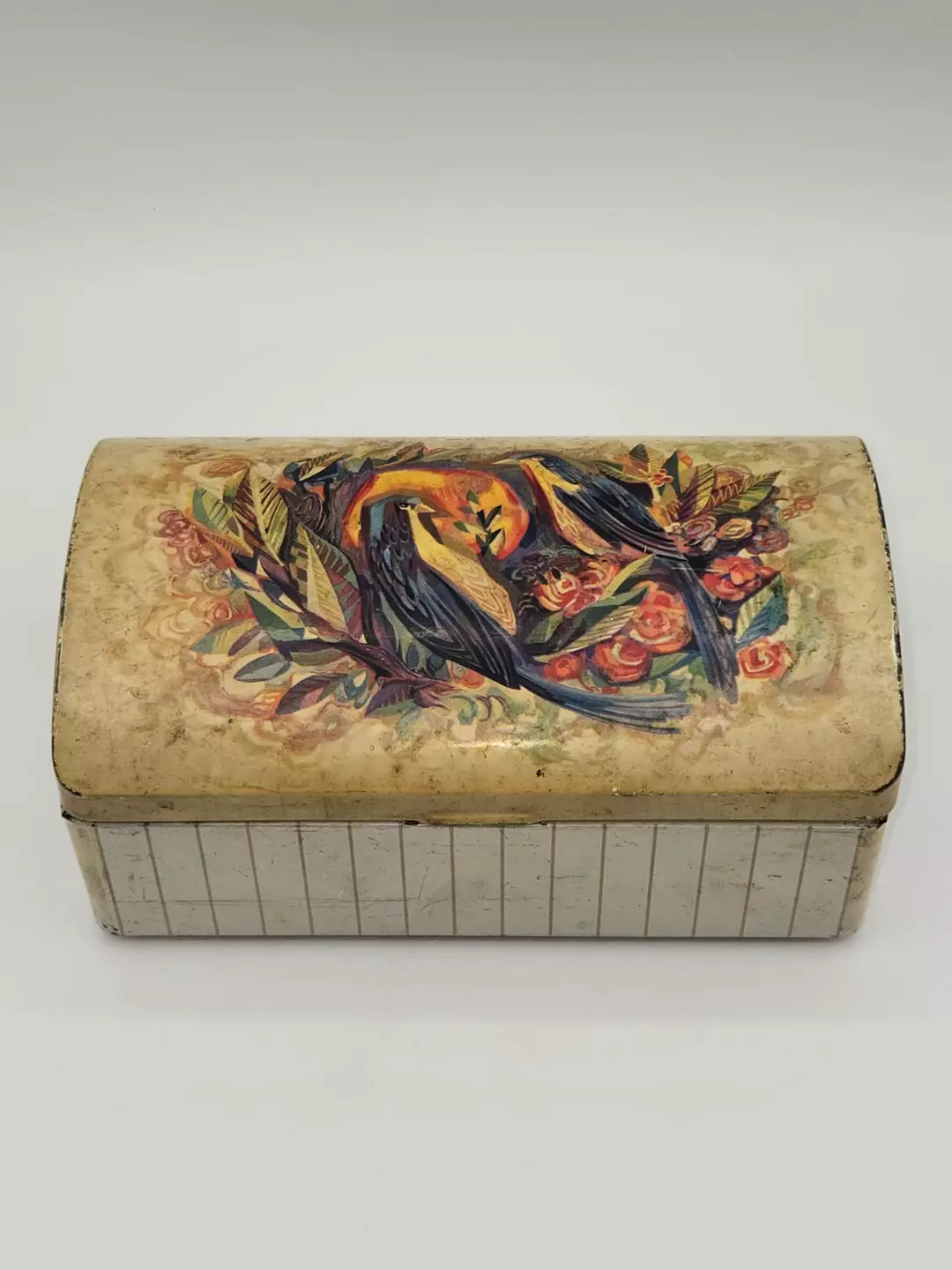 Vintage Metal Storage Tin Box Bird Floral Design Hinged Lid 6.5” thumbnail