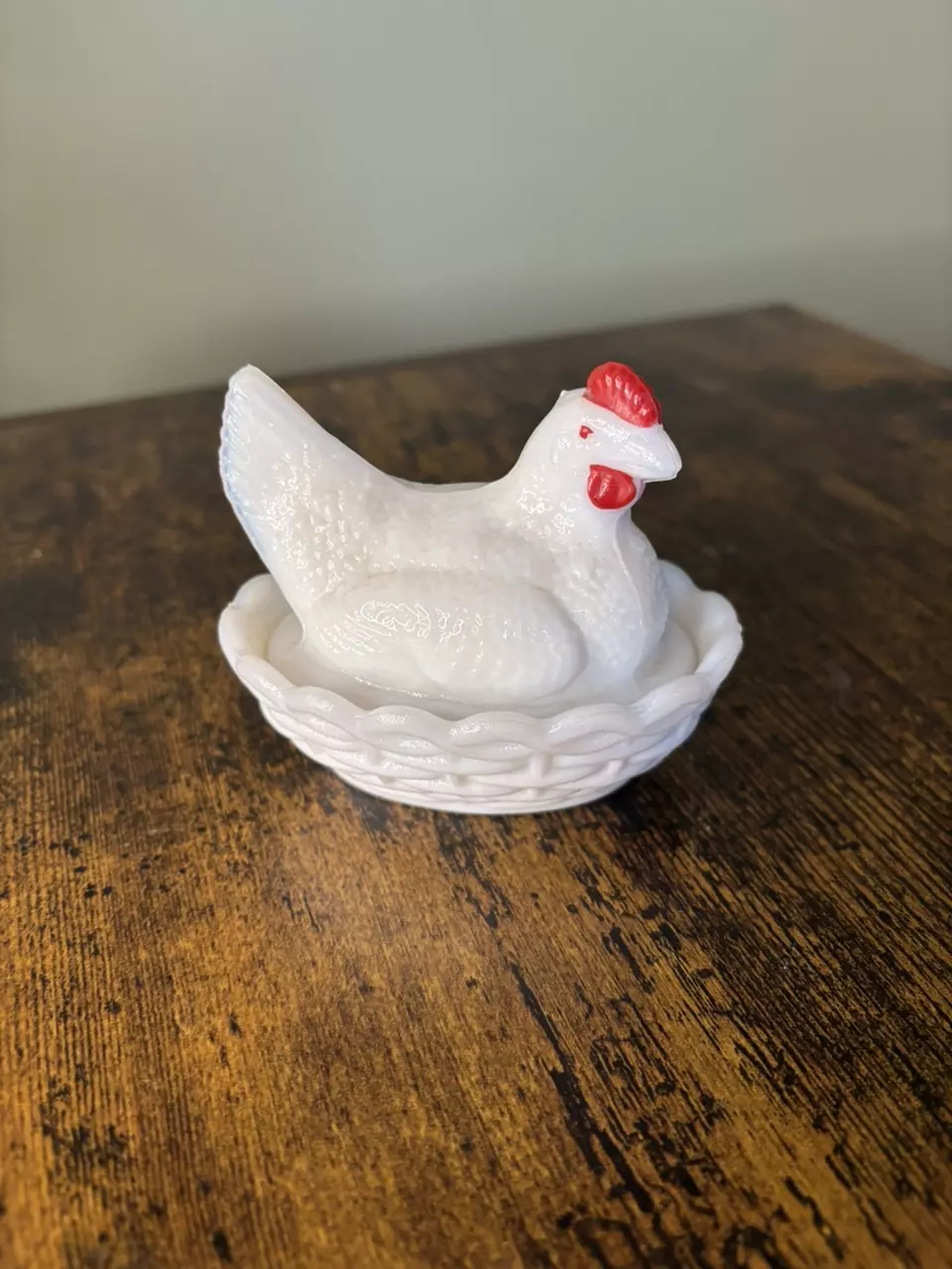 3 1/2" Vintage Westmoreland Milk Glass Covered Chicken Hen on a Basket Nest Dish thumbnail