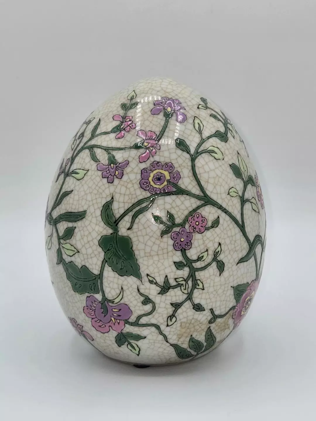 Vintage Crackle Glaze Ceramic Egg Floral Design Large Decorative 6” thumbnail