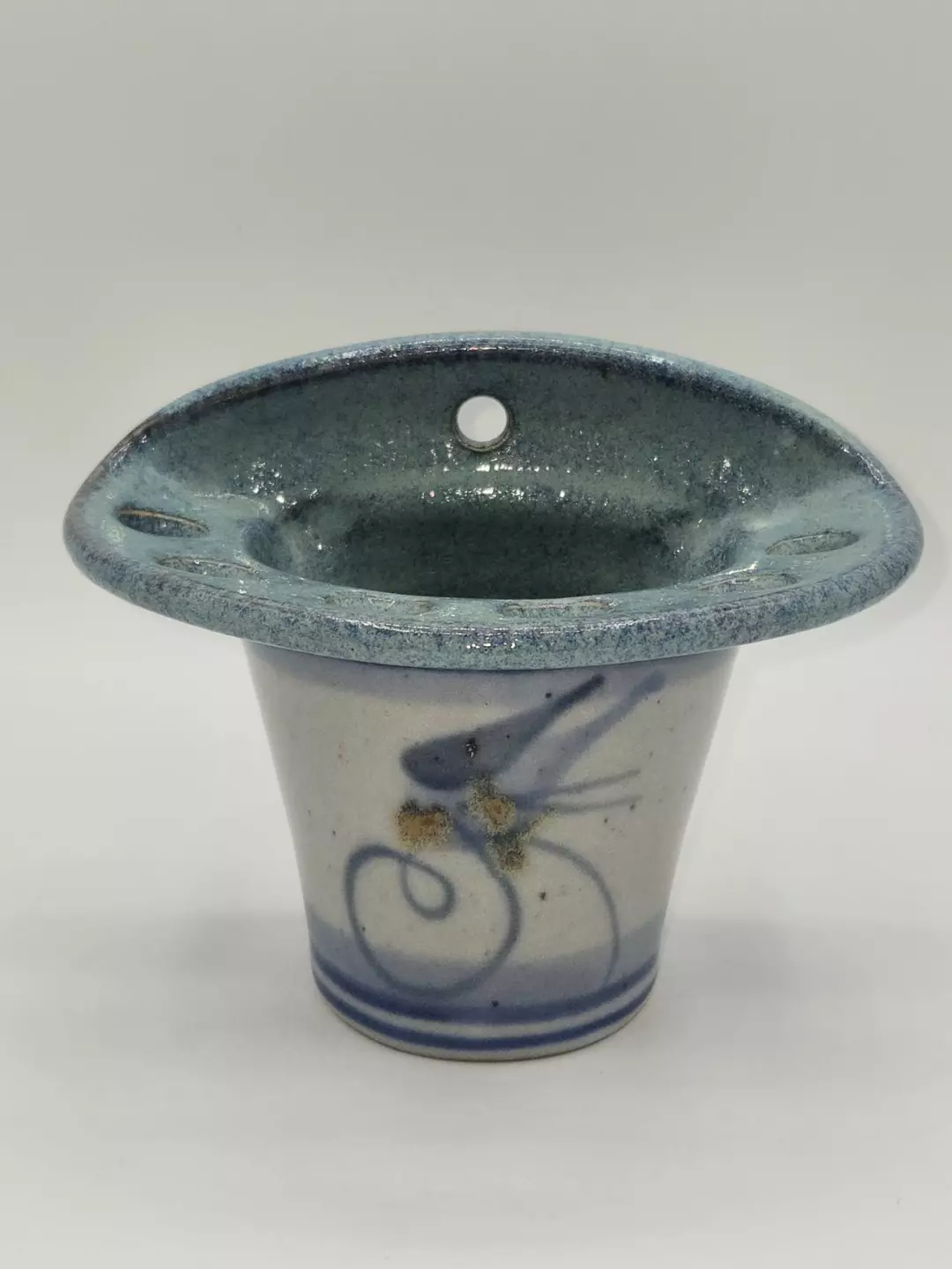 Vintage Studio Pottery Wall Mount Toothbrush Holder Blue Green Glaze Cup 4.5" thumbnail