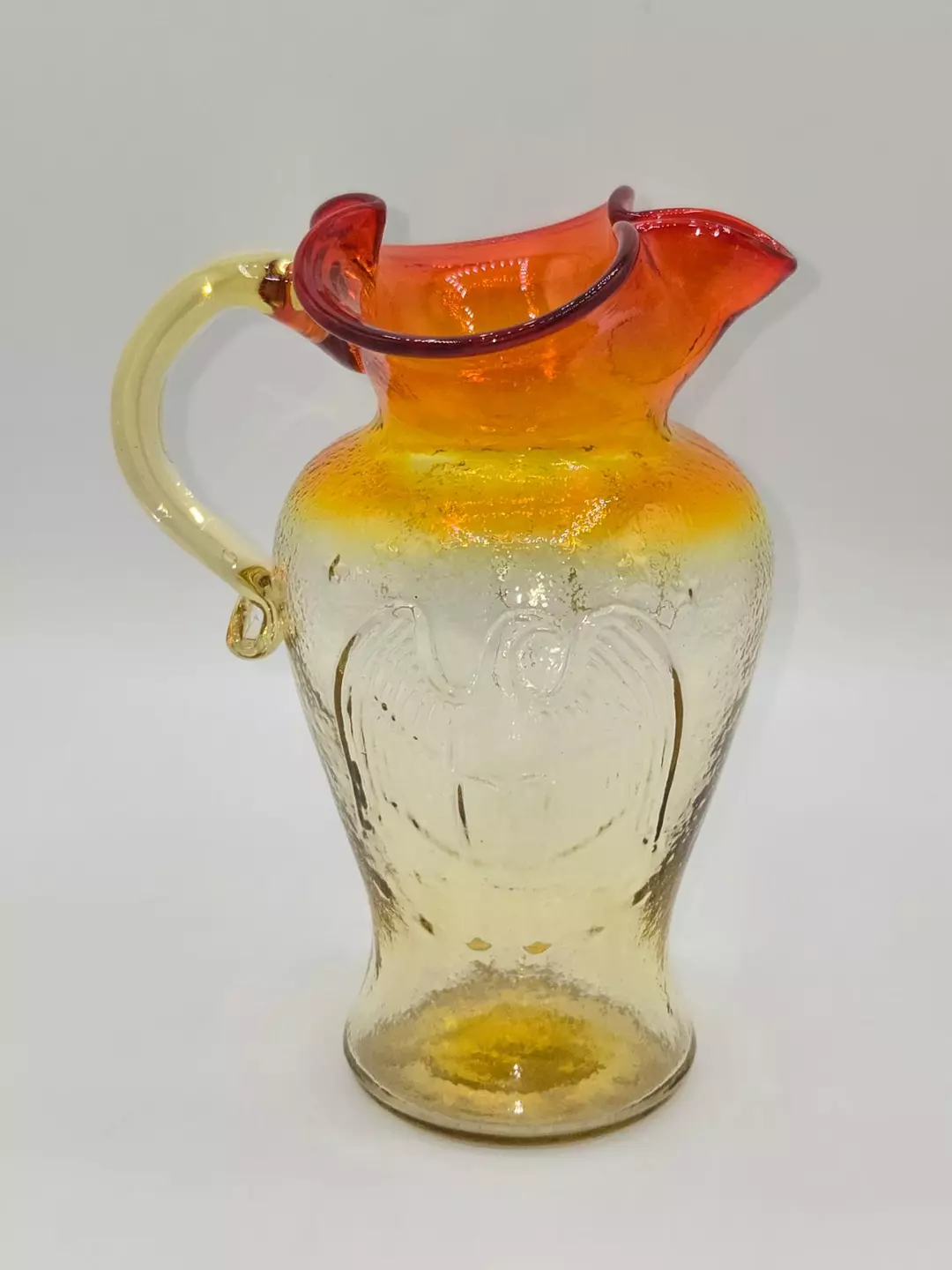Vintage Amberina Style Art Glass Pitcher Applied Handle Ruffled Rim 6.5” thumbnail