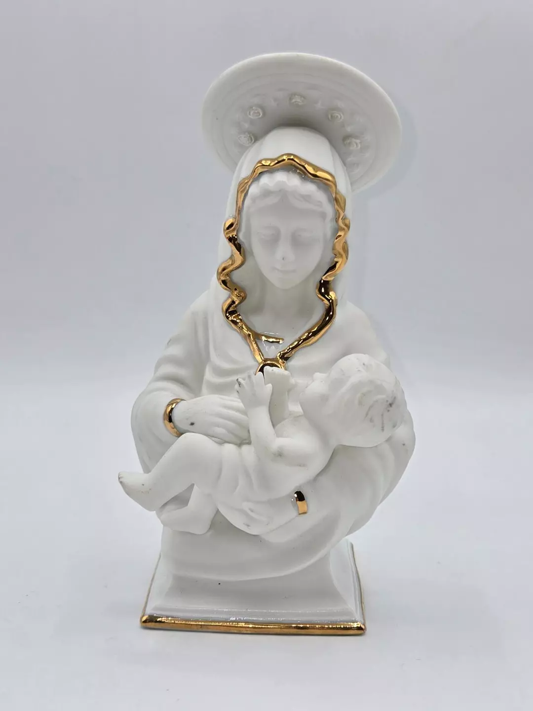 Vintage Madonna and Child White Porcelain Figurine Gold Trim Religious Statue 7” thumbnail