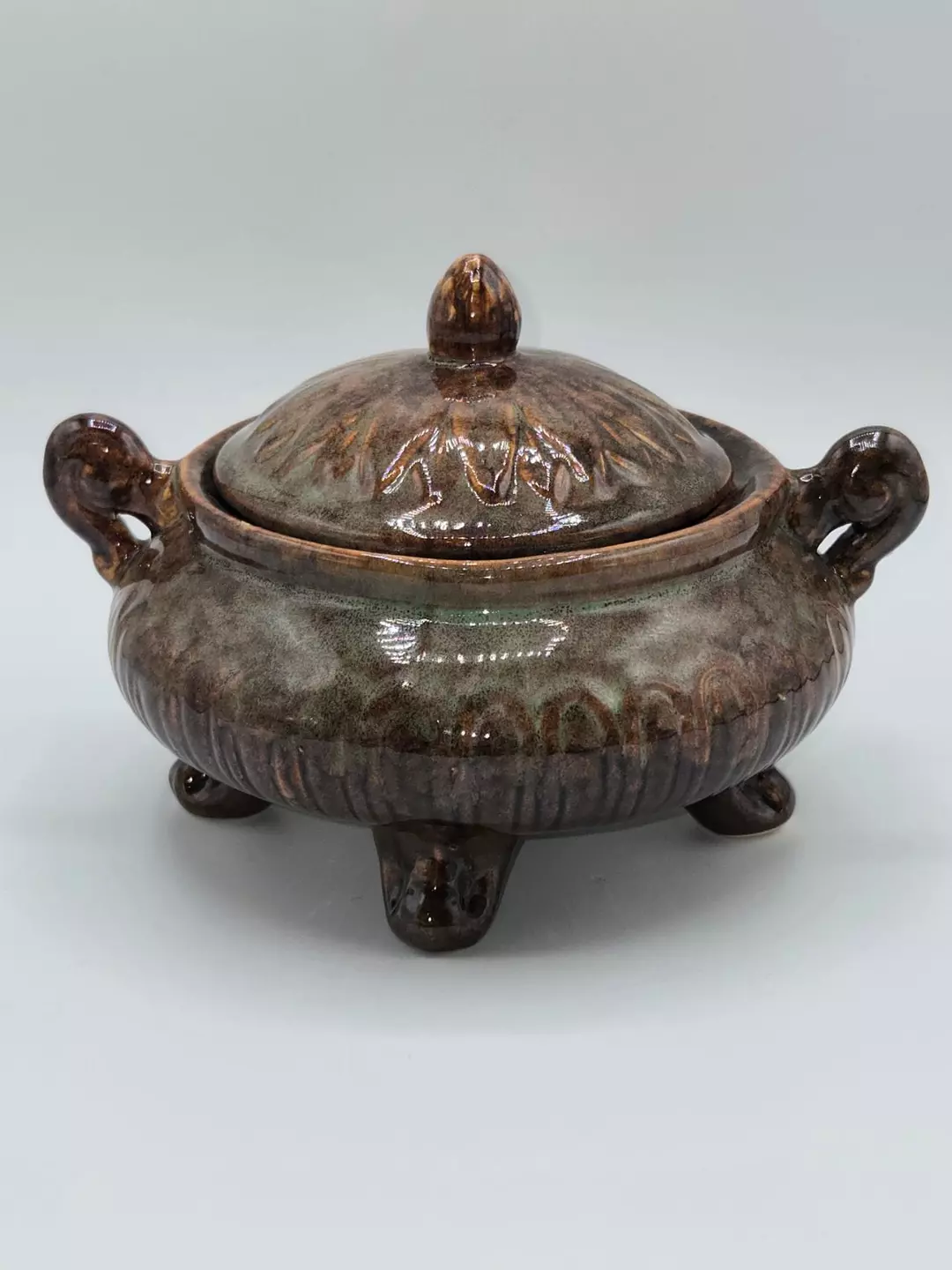 Vintage Studio Pottery Lidded Bowl Covered Dish on Feet Brown Green Glaze 7” thumbnail