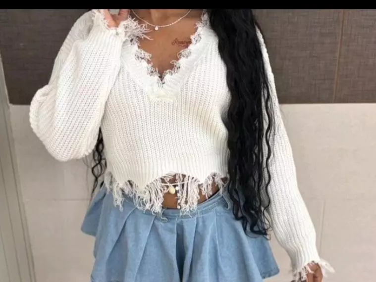 LARGE  Distressed Trim Drop Shoulder Crop Sweater In Fall/Winte thumbnail