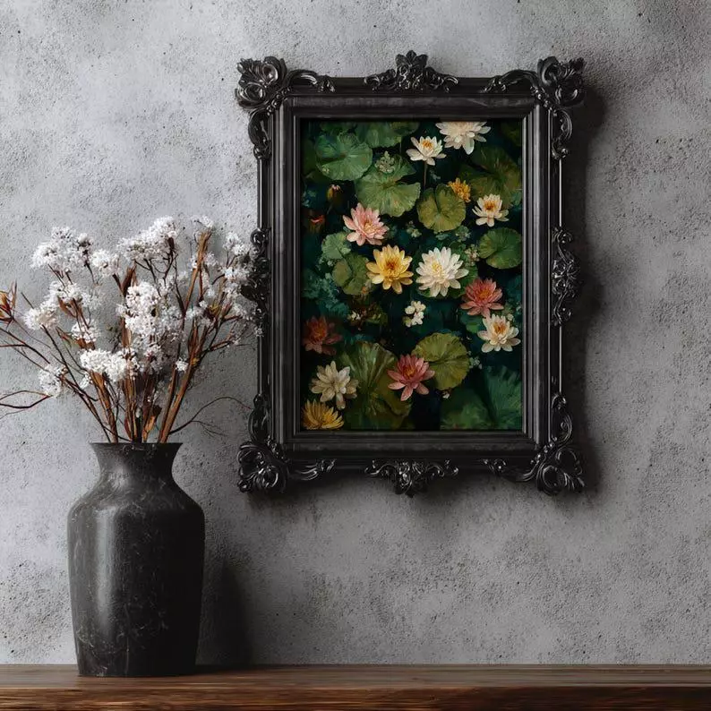 Lily Pad Pond Art Print, Water Lily Floral Painting, Botanical Wall Art thumbnail