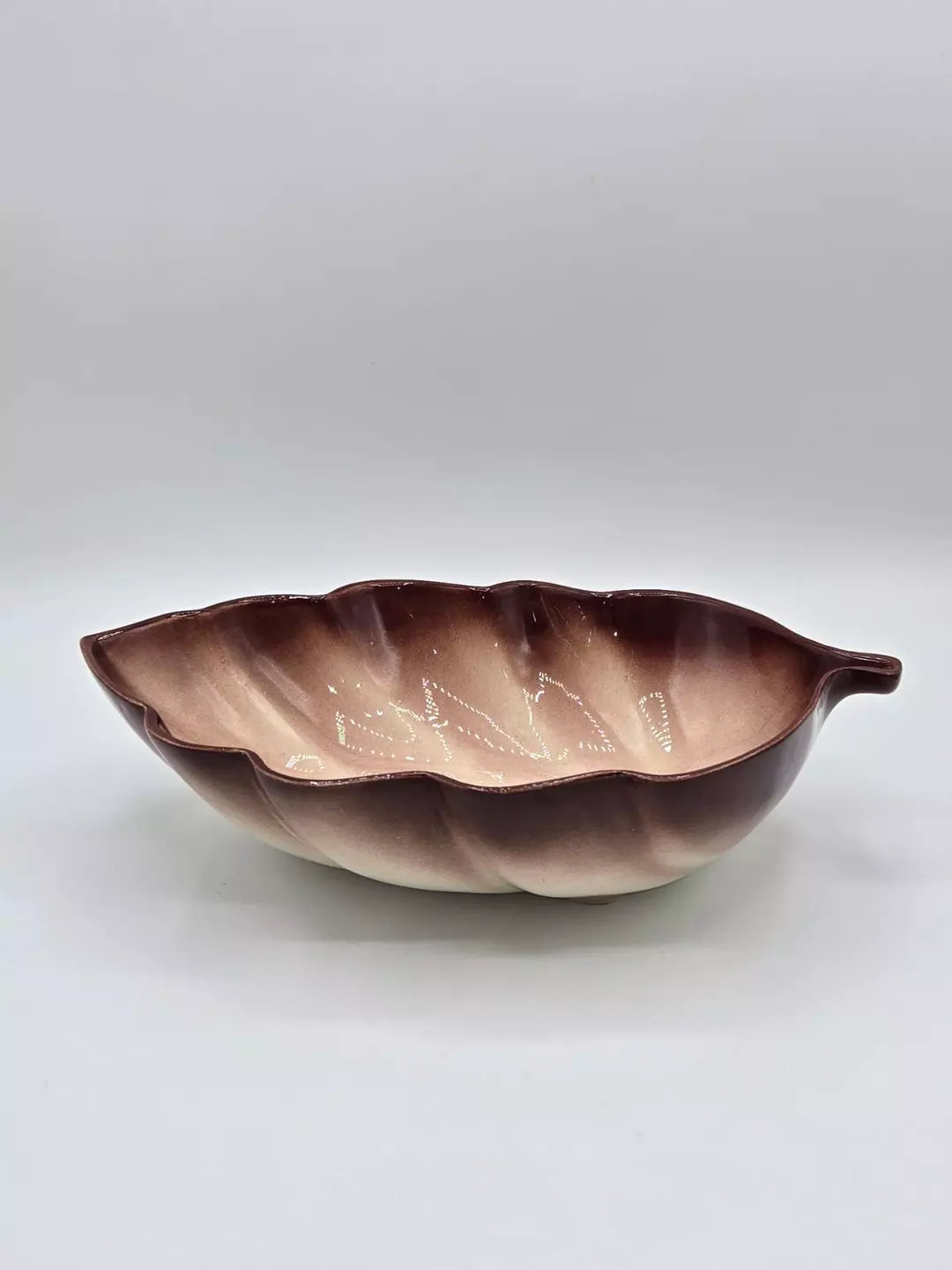 Vintage California Pottery Leaf Bowl Brown Drip Glaze 10” USA thumbnail