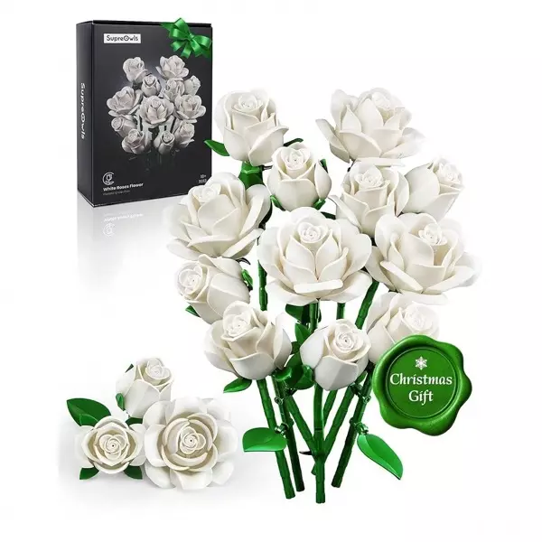 DIY Flower Bouquet Building Blocks Set (12 Roses) Perfect Gift in White thumbnail