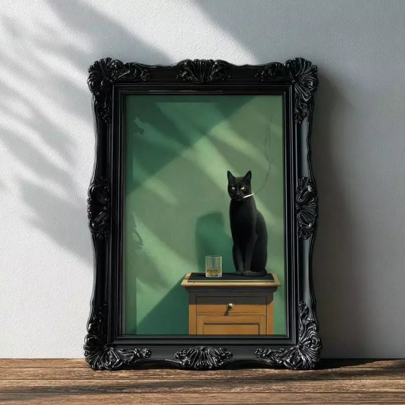 Black Cat Wall Art Print | Surreal Cat Smoking Illustration | Moody Vintage thumbnail