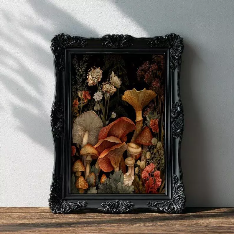 Vintage Mushroom Botanical Art Print | Colorful Fungi & Wildflower Illustration thumbnail