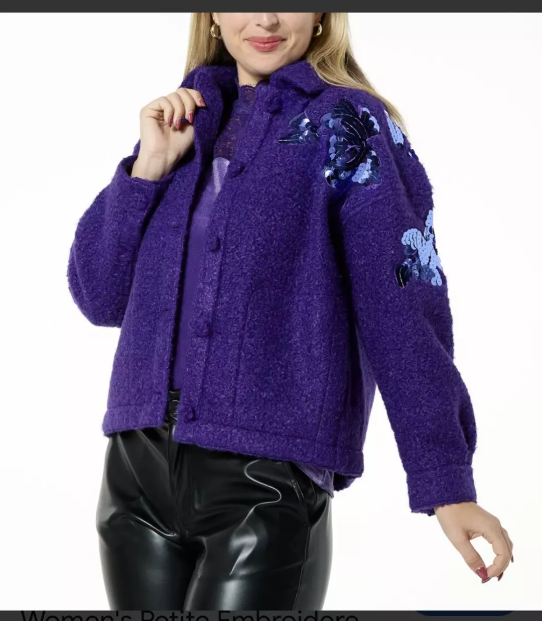 DG2 Diane Gilman Royal Purple Women's Signature Embellished Bouclé Jacket Sz L thumbnail