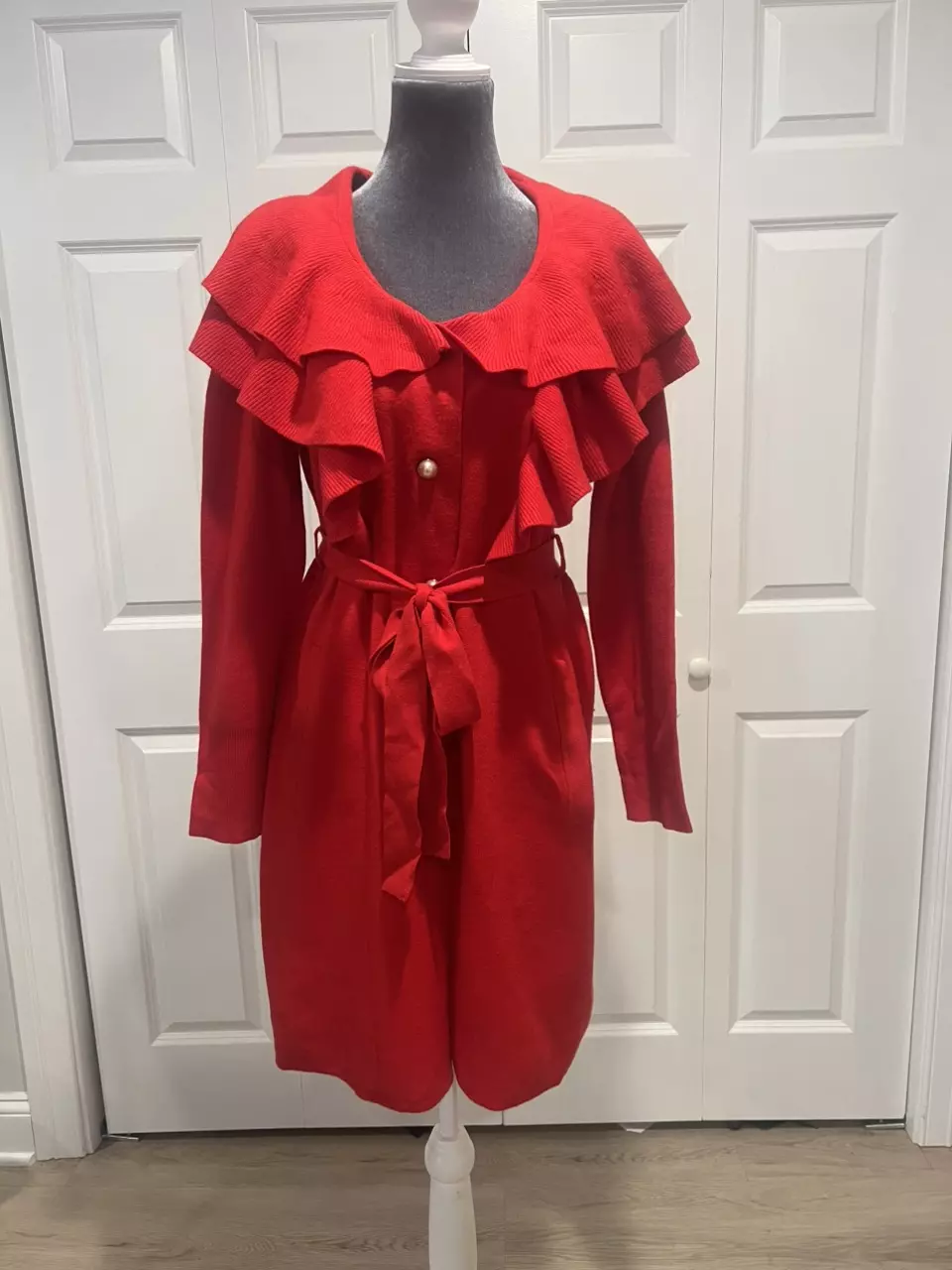 Christian Siriano Bold Red Knitted Ruffled Belted Button Down Cardigan Sweater M thumbnail