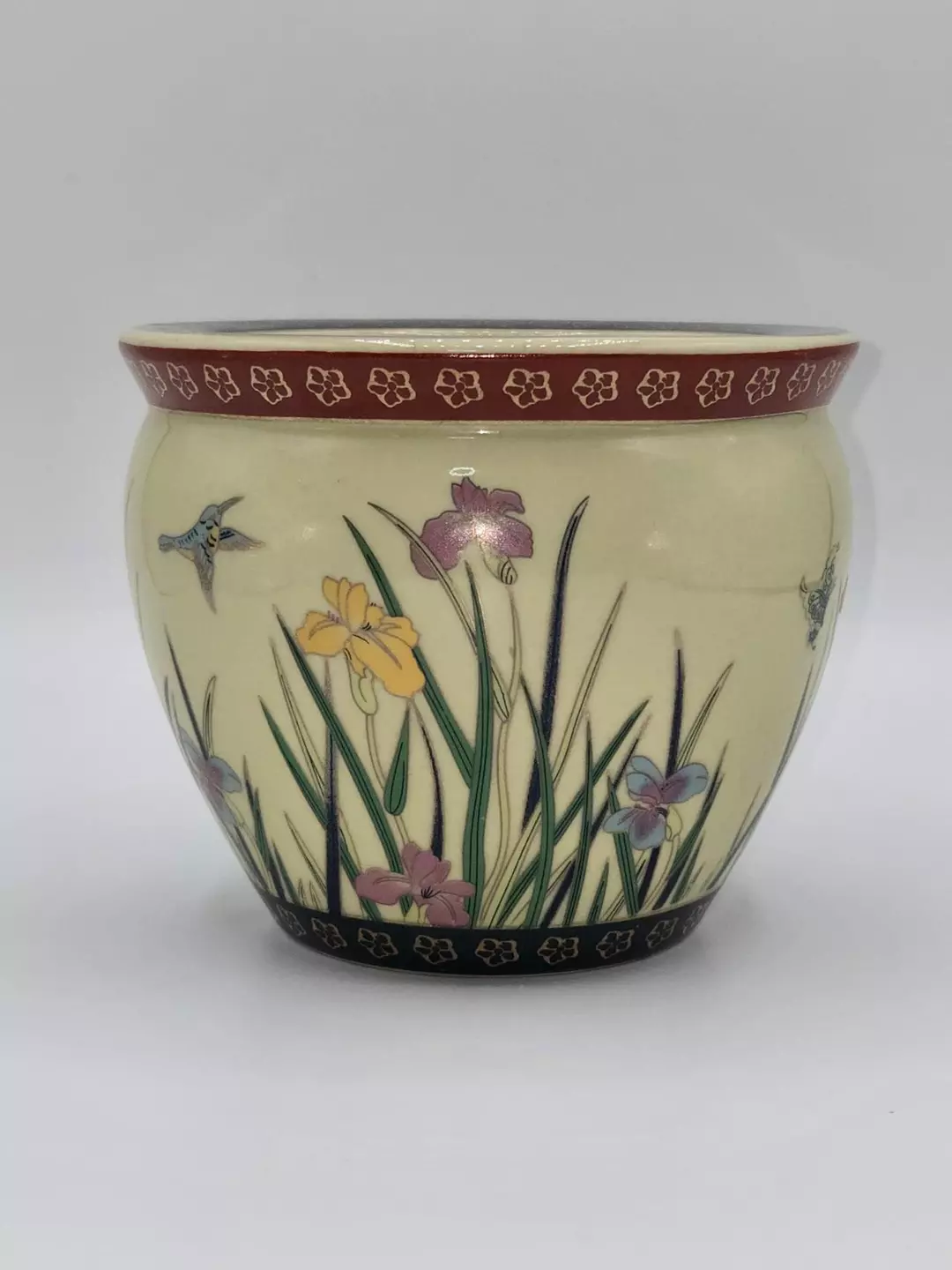 Vintage Asian Floral Ceramic Planter Bowl Birds Flowers 4.25” thumbnail