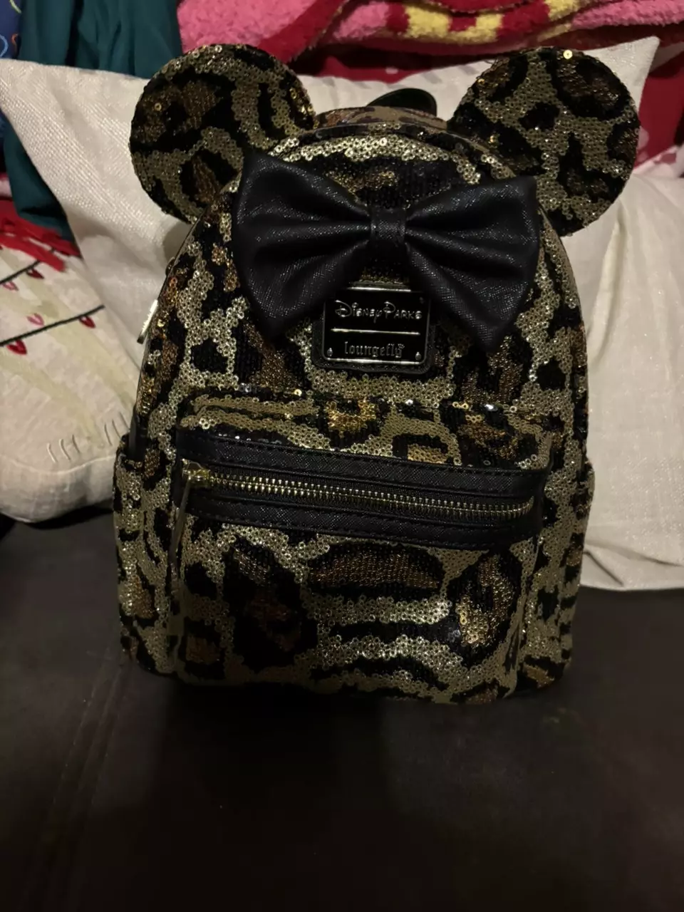 Disney Parks Loungefly Minnie Mouse Safari Animal Print Sequin Mini Backpack thumbnail