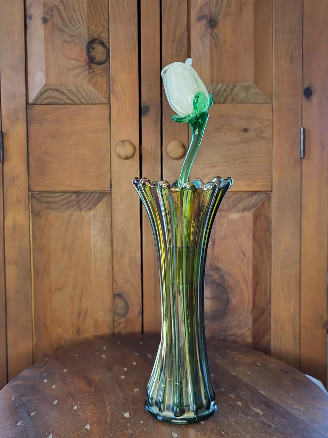 Carnival glass vase with white glass rose thumbnail