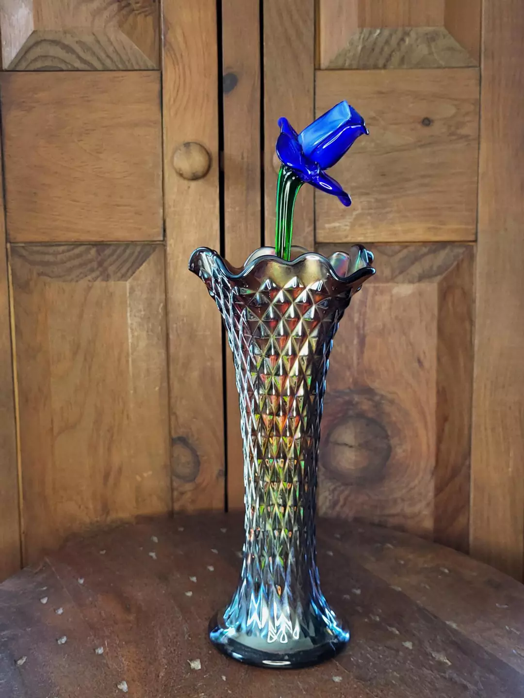 Antique Carnival Glass vase with glass flower thumbnail