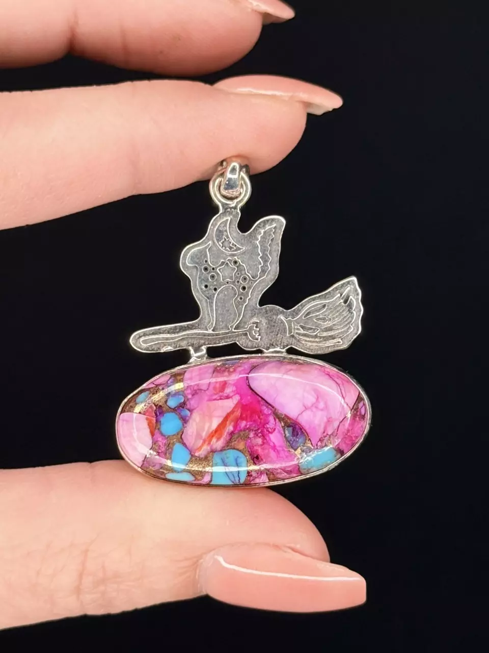 Natural Pink Spiny Oyster Copper Turquoise in a Sterling Silver Pendant thumbnail
