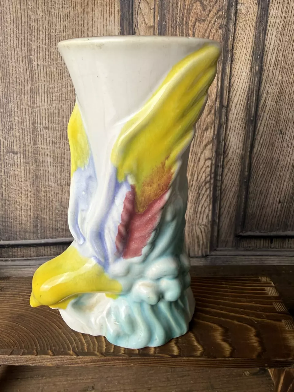 Mid-century wall pocket vase in vibrant yellow, aqua and soft mauve tones 🌼 thumbnail