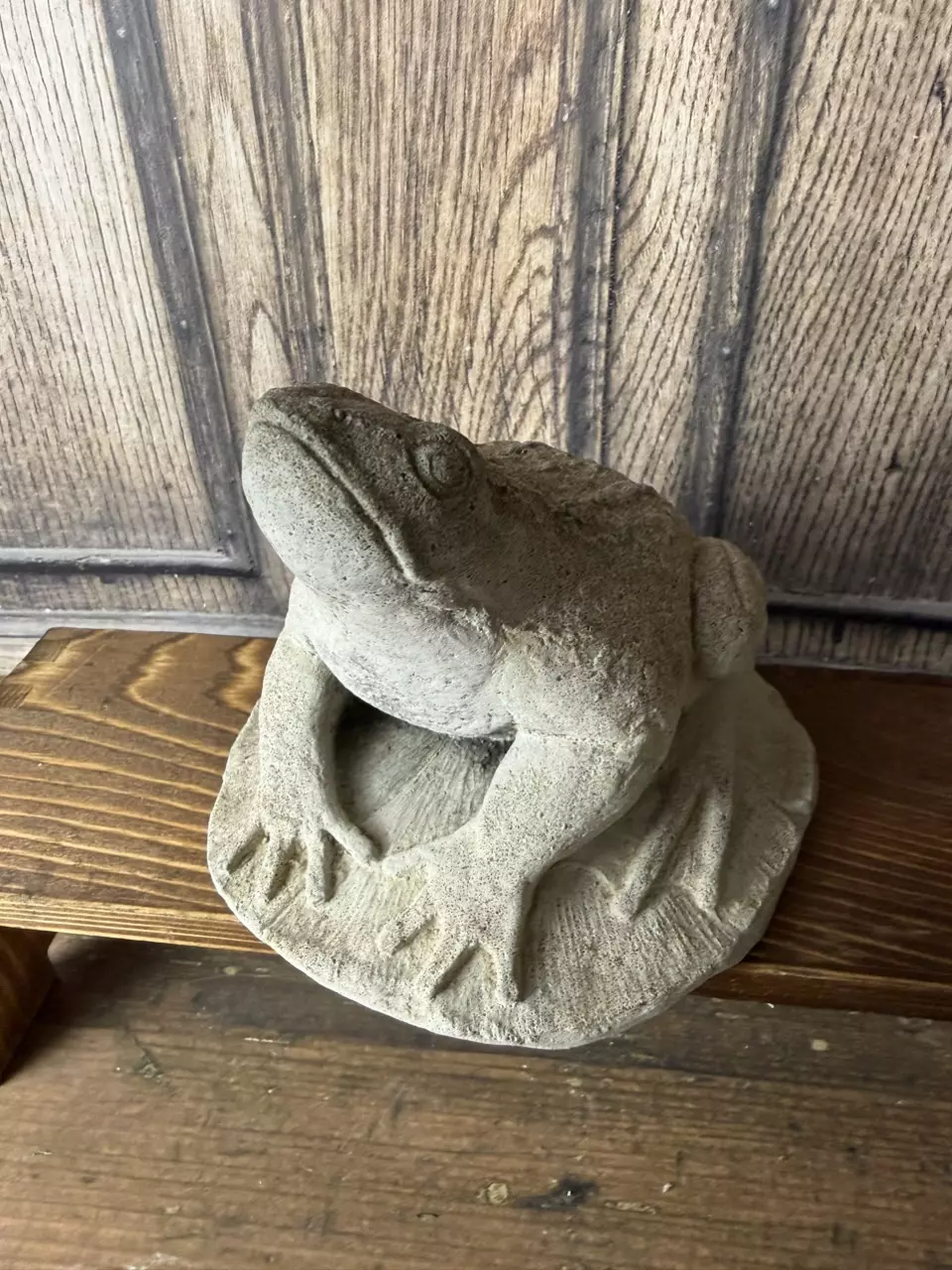 Vintage weathered concrete garden statue of a frog on a base thumbnail