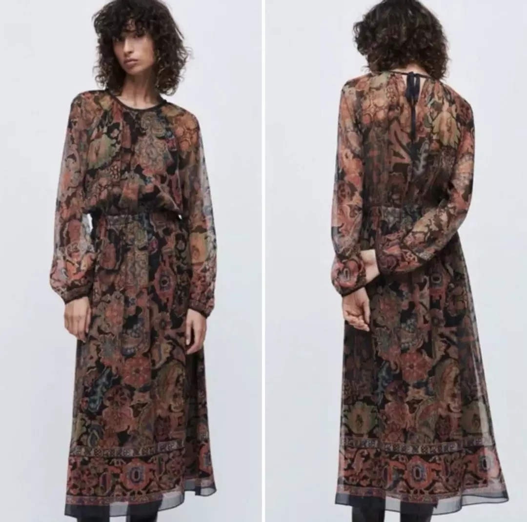 NWT Zara Boho Sheer Floral Midi Dress XL Long Sleeve Paisley Fall MSRP $119 thumbnail