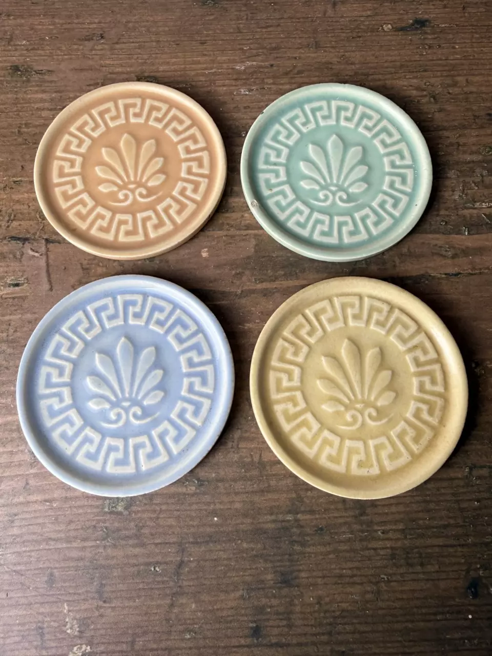 Vintage Ceramic Pastel Butter Pats / Coasters — Set of 4 🍑💙💛💚 thumbnail