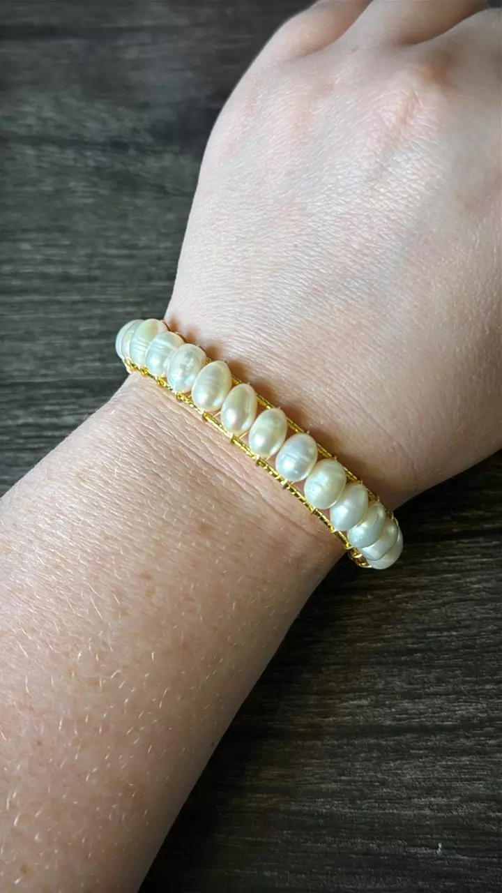 24 | Gold Fresh Water Pearl Bangle Bracelet - white pearls thumbnail