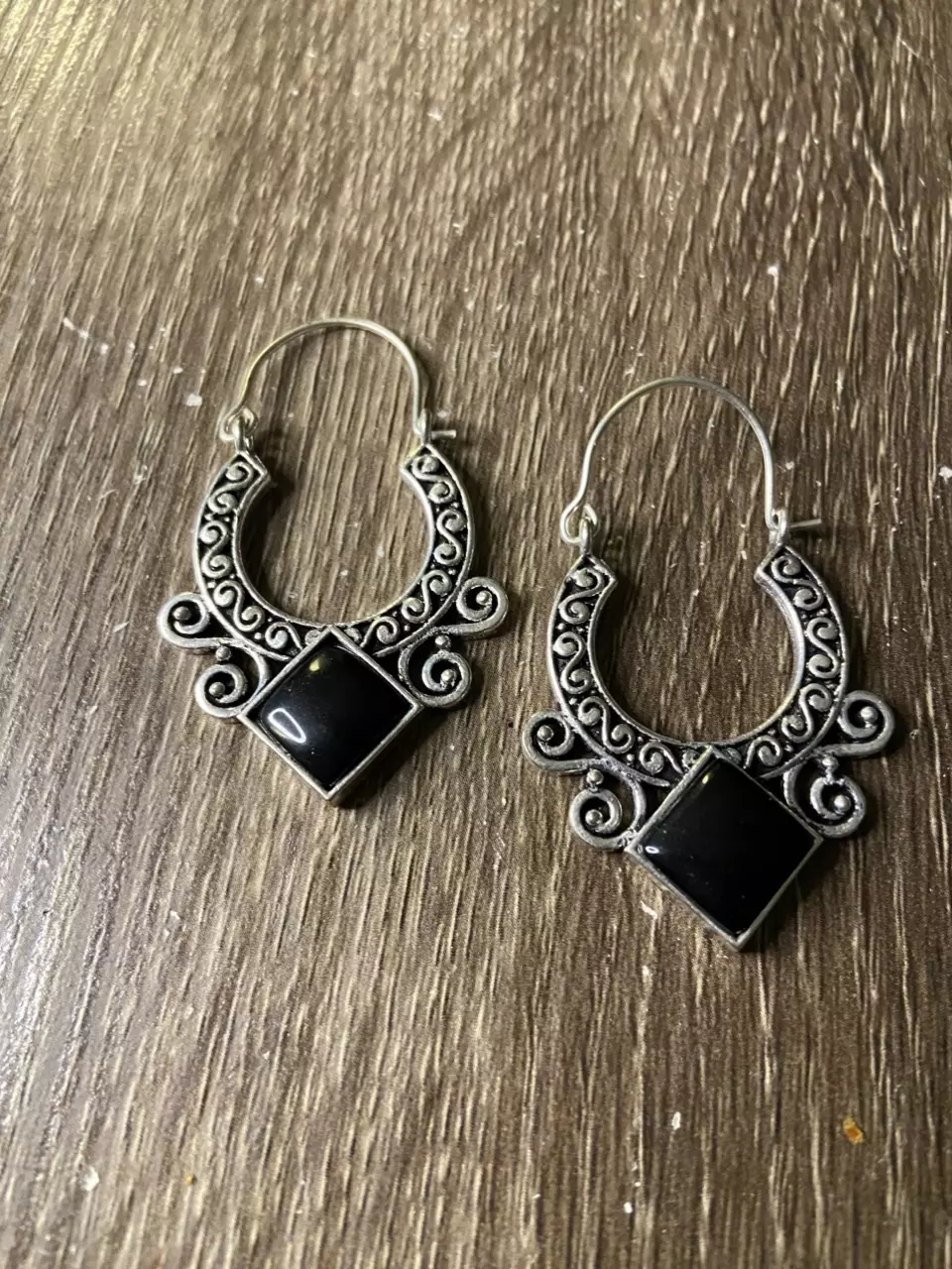 Onyx Silver Plated Hoop Earrings 2” thumbnail