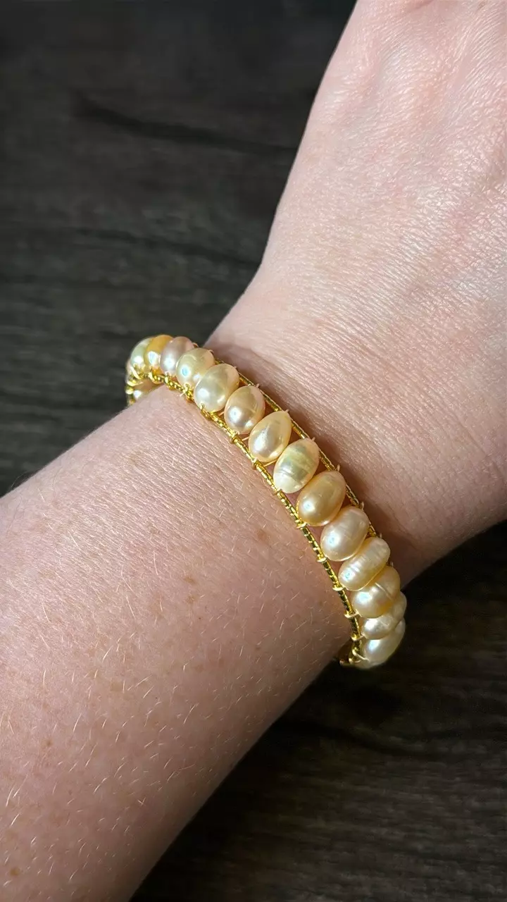 $24 | Gold Fresh Water Pearl Bangle Bracelet - peach pearls thumbnail