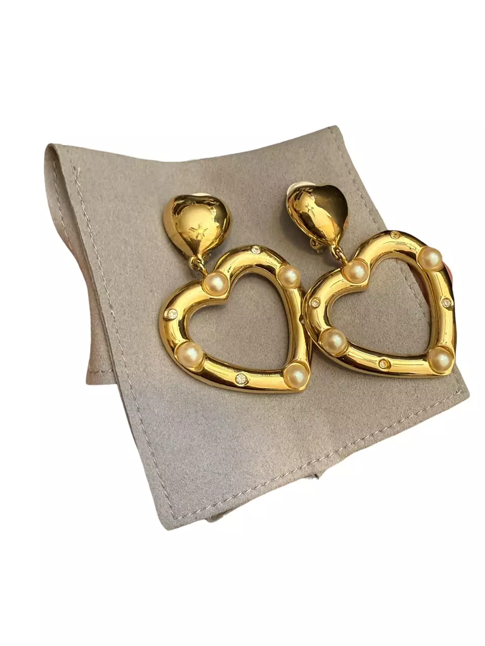Vintage Givenchy Gold Heart Hoop Earrings w/ Faux Pearls & Rhinestones thumbnail