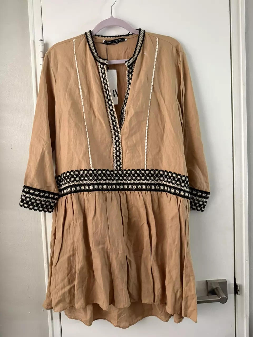 Zara Viscose Linen High Low Embroidered Dress Sandy Brown Size Small $79 thumbnail