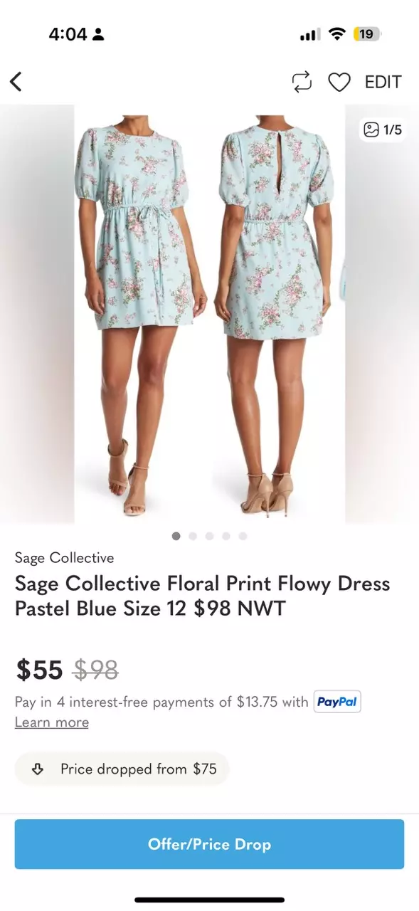 Sage Collective Floral Print Flowy Dress Pastel Blue Size 12 $98 NWT thumbnail
