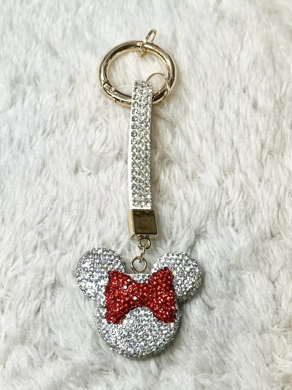 Silver Rhinestone Minnie Mouse Keychain with Red Bow thumbnail