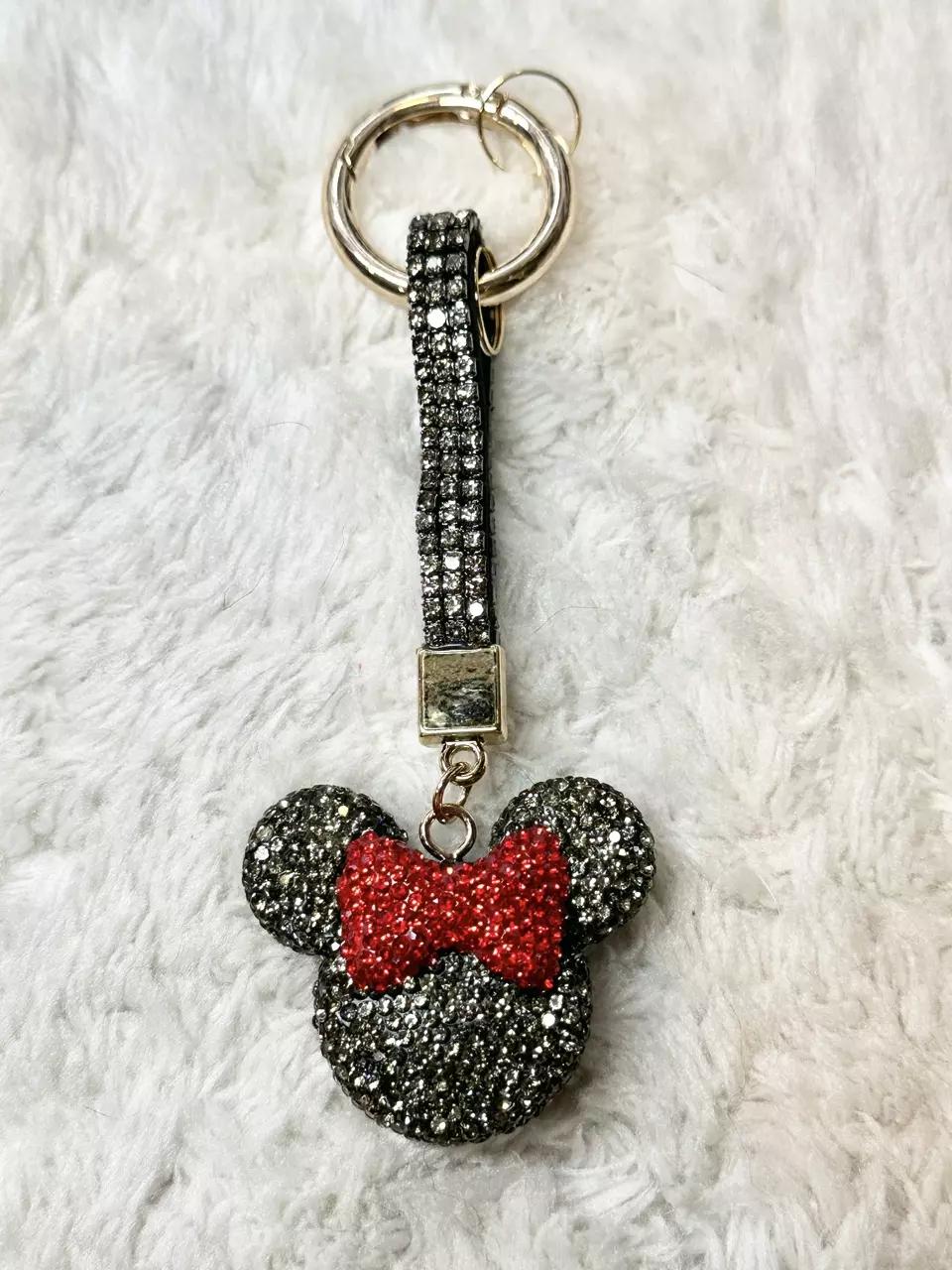 Gunmetal Rhinestone Minnie Mouse Keychain with Red Bow thumbnail