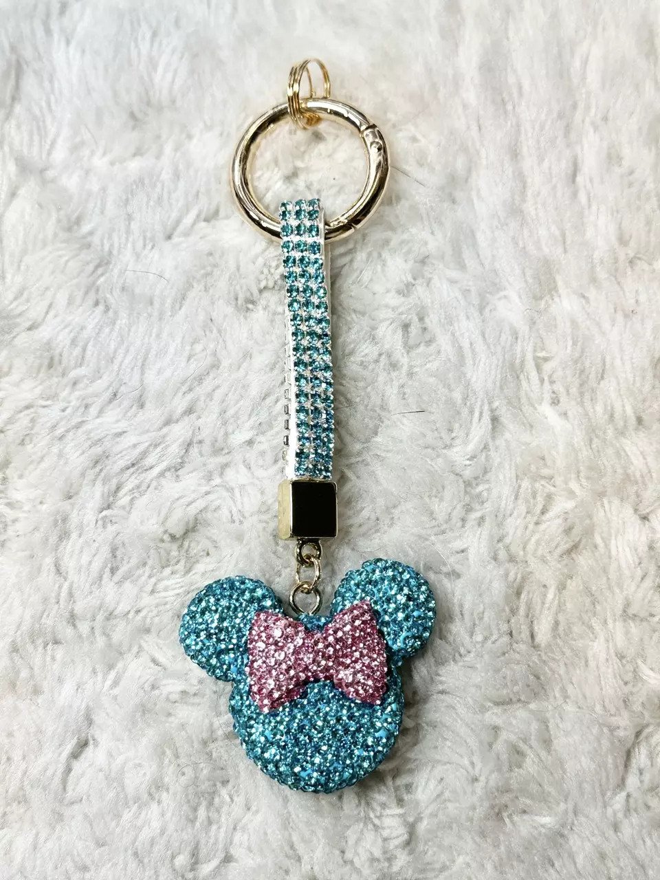 Teal Rhinestone Minnie Mouse Keychain with Pink Bow thumbnail
