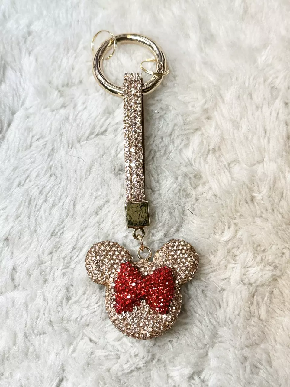 Champagne Rhinestone Minnie Mouse Keychain with Red Bow thumbnail