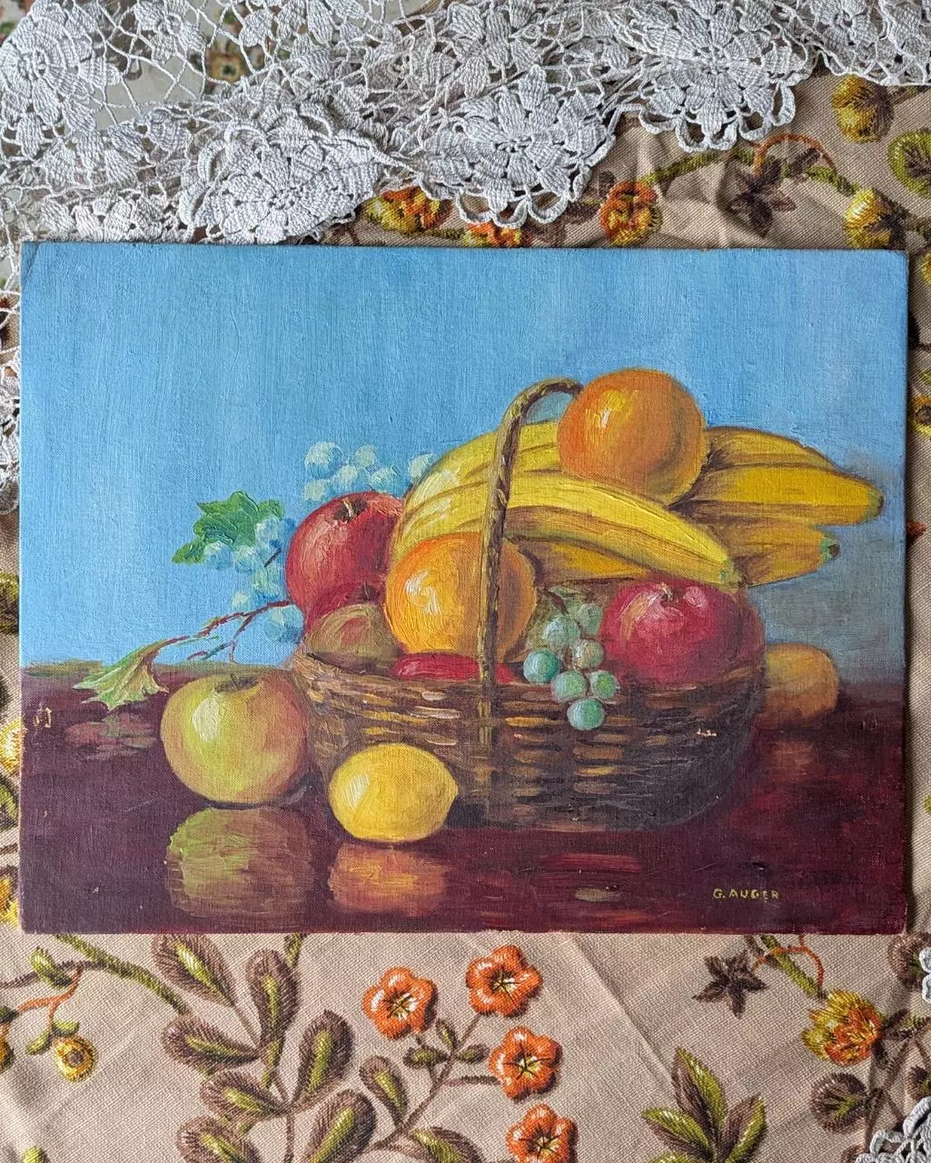 Still life oil painting on board with blue background thumbnail