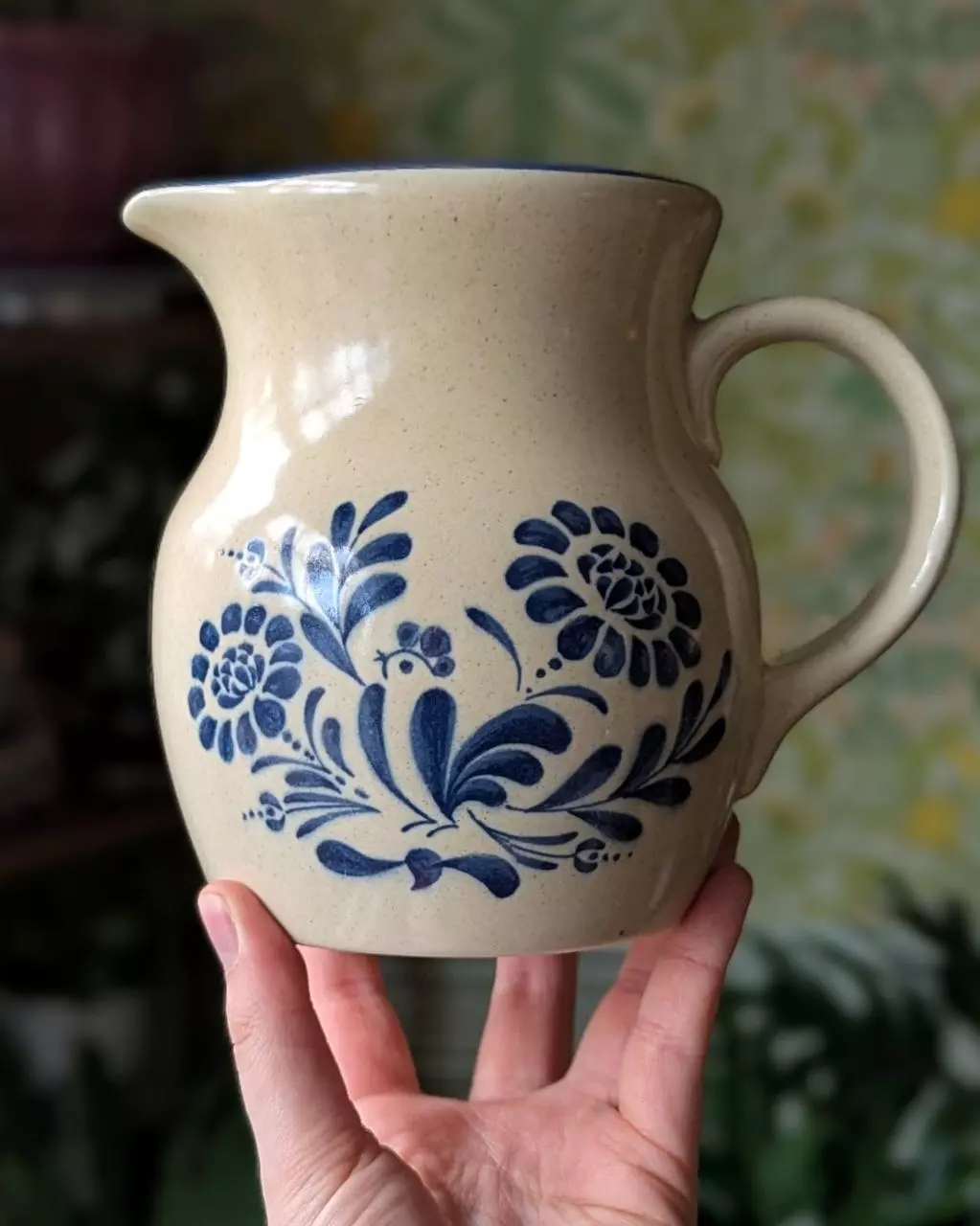 Vintage stoneware pitcher with hand-painted flowers and bird thumbnail
