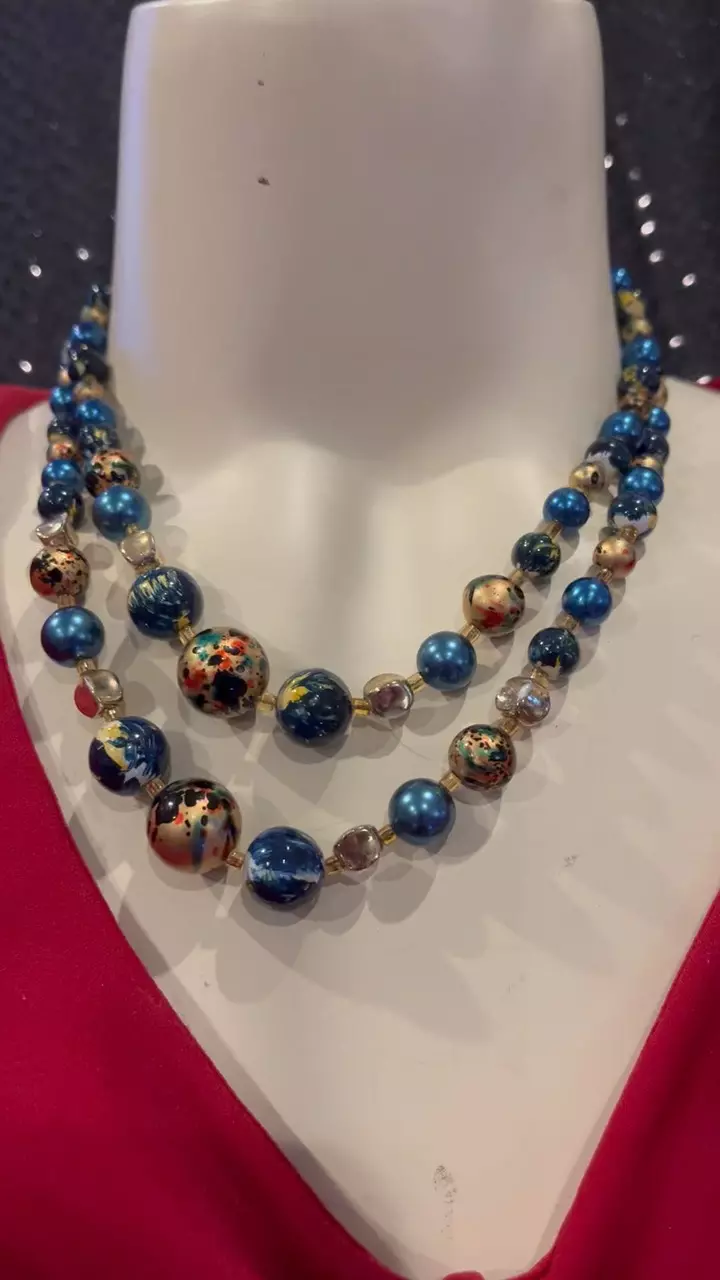 VN 080 vintage blue tones, and gold, splatter beads. thumbnail