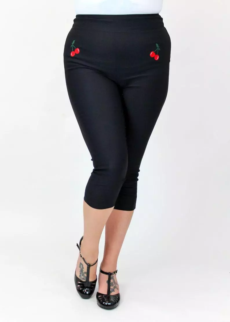 Black Pin Up High Waist Capri Pants - Embroidered Cherries thumbnail