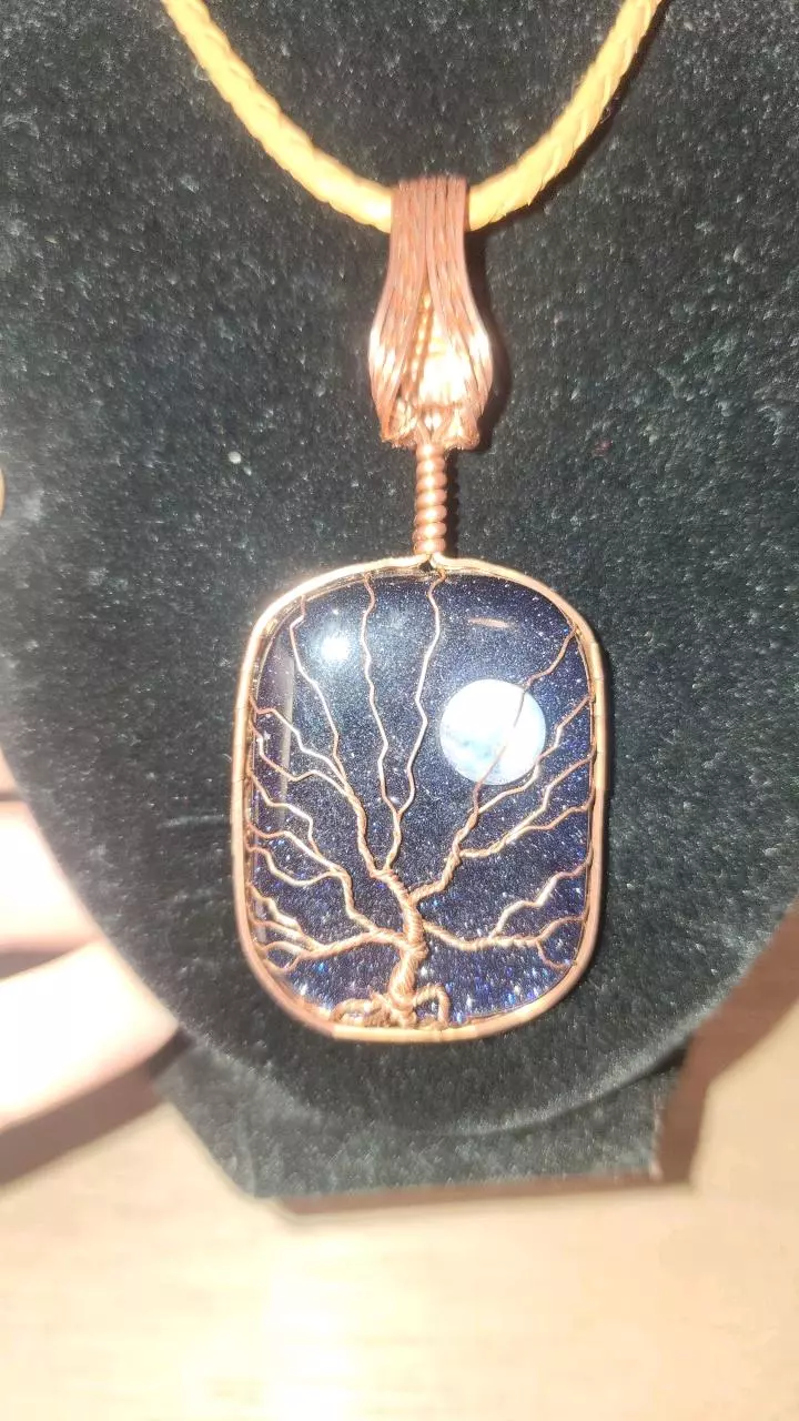 Handcrafted copper wire wrapped blue Goldstone with moon moonstone thumbnail
