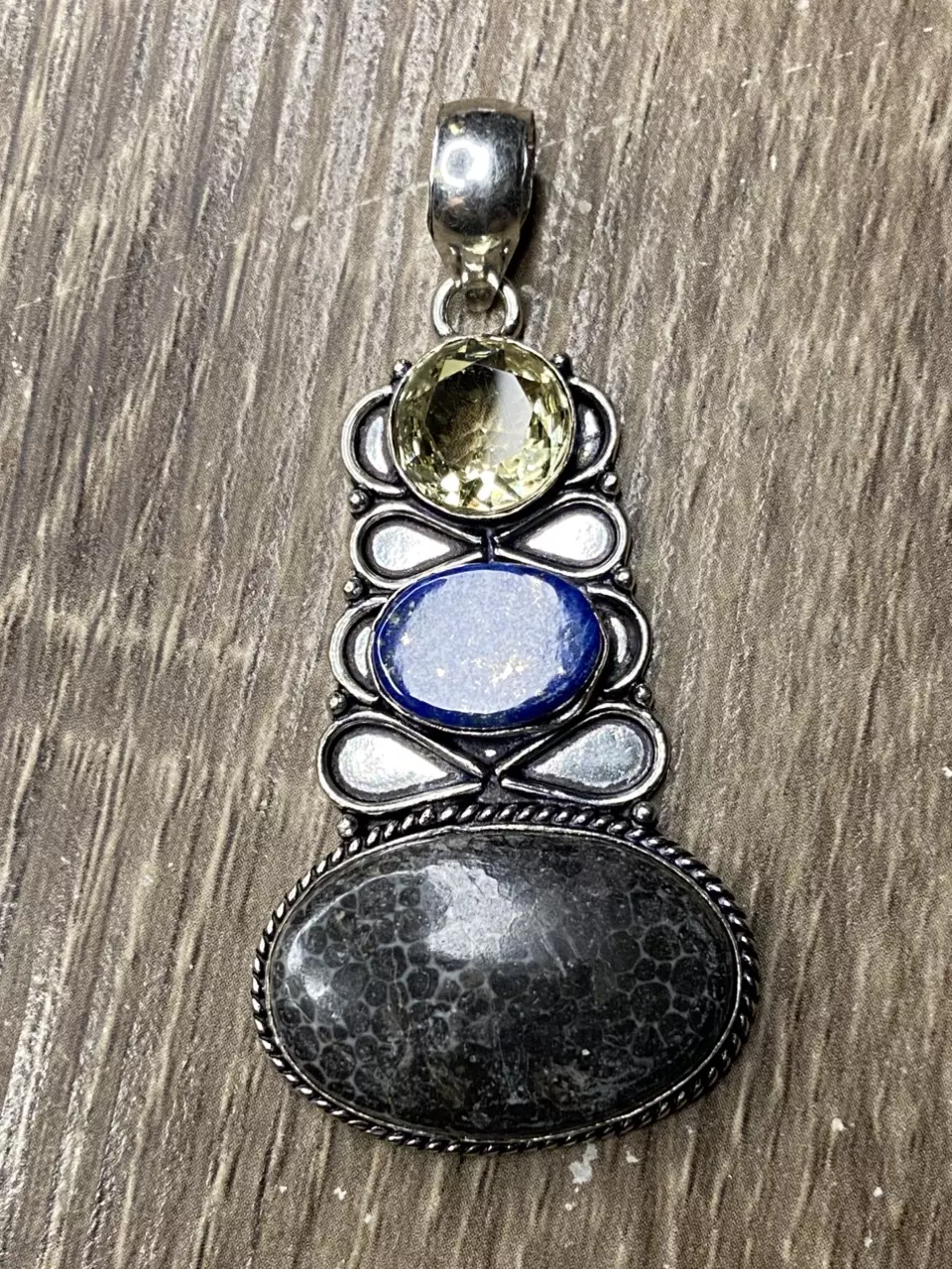 Stingray Coral, Lapis & Citrine 925 Silver Pendant Jewelry 2.64" thumbnail