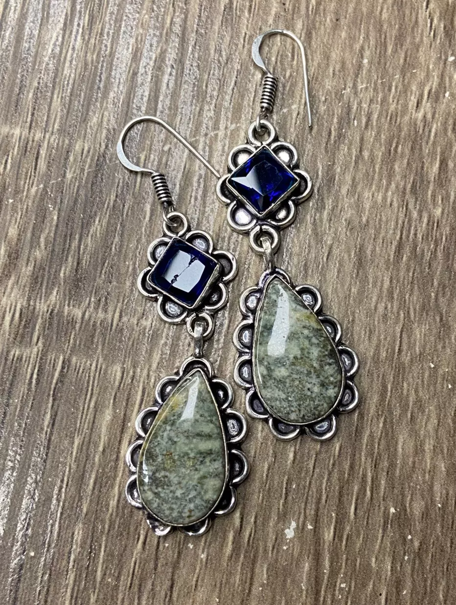 Green Jasper Tanzanite Gemstone Silver 925 Earrings Jewelry  2.2" thumbnail