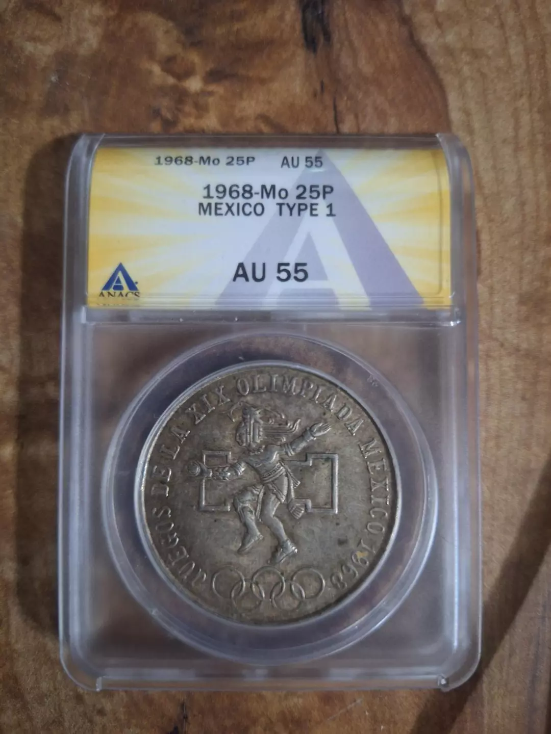 Mexico 1968-Mo Silver 25 Pesos Olympics Type 1 ANACS AU 55 thumbnail