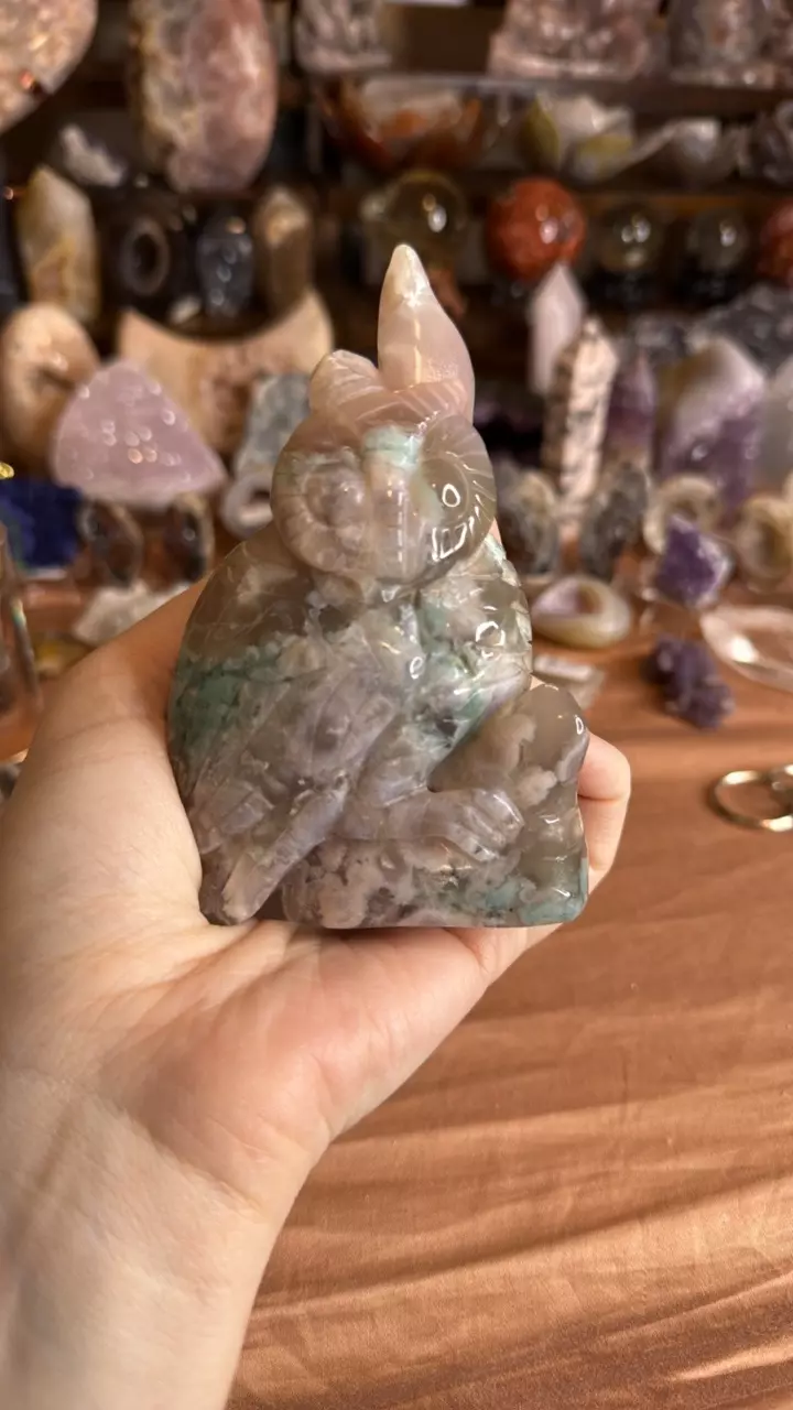 Green & Pink Agate Owl Carving - Madagascar thumbnail
